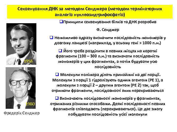 Секвенування ДНК за методом Сенджера (методом термінаторних аналогів нуклеозидтрифосфатів) q. Принципи секвенування білків та