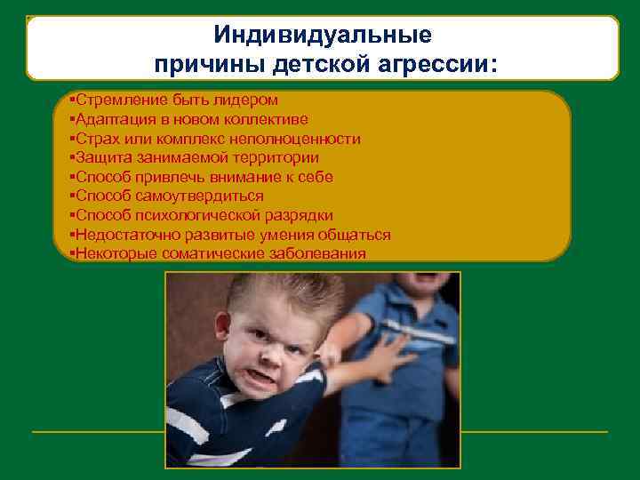 Индивидуальные причины детской агрессии: §Стремление быть лидером §Адаптация в новом коллективе §Страх или комплекс