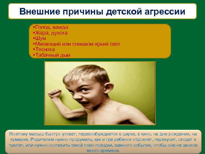 Внешние причины детской агрессии §Голод, жажда §Жара, духота §Шум §Мигающий или слишком яркий свет