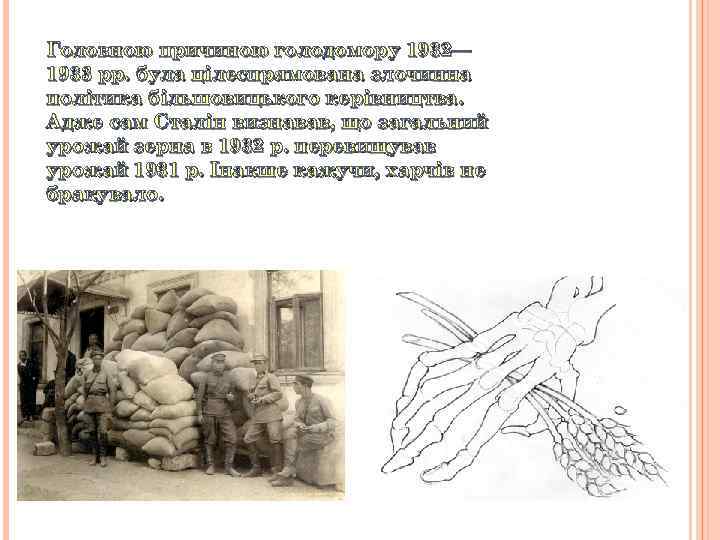 Головною причиною голодомору 1932— 1933 рр. була цілеспрямована злочинна політика більшовицького керівництва. Адже сам