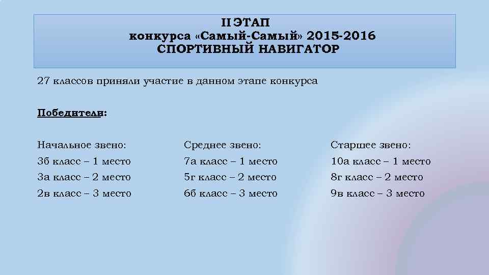 II ЭТАП конкурса «Самый-Самый» 2015 -2016 СПОРТИВНЫЙ НАВИГАТОР 27 классов приняли участие в данном