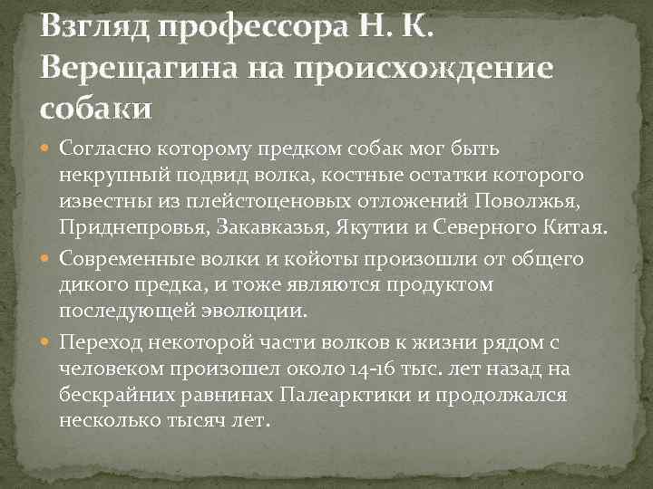 Взгляд профессора Н. К. Верещагина на происхождение собаки Согласно которому предком собак мог быть