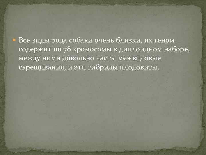  Все виды рода собаки очень близки, их геном содержит по 78 хромосомы в