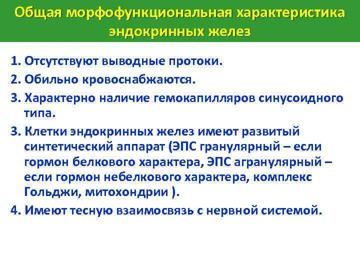 Общая морфофункциональная характеристика эндокринных желез 1. Отсутствуют выводные протоки. 2. Обильно кровоснабжаются. 3. Характерно