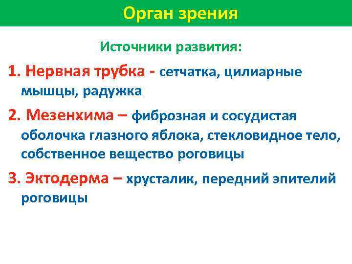 Орган зрения Источники развития: 1. Нервная трубка - сетчатка, цилиарные мышцы, радужка 2. Мезенхима