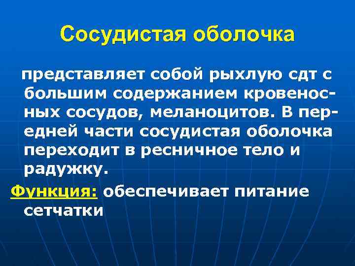 Сосудистая оболочка представляет собой рыхлую сдт с большим содержанием кровеносных сосудов, меланоцитов. В передней