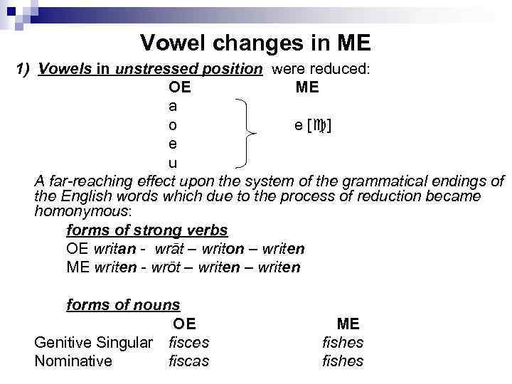 Vowel changes in ME 1) Vowels in unstressed position were reduced: OE ME a