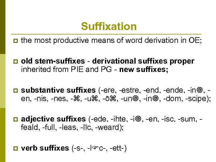 Suffixation p the most productive means of word derivation in OE; p old stem-suffixes