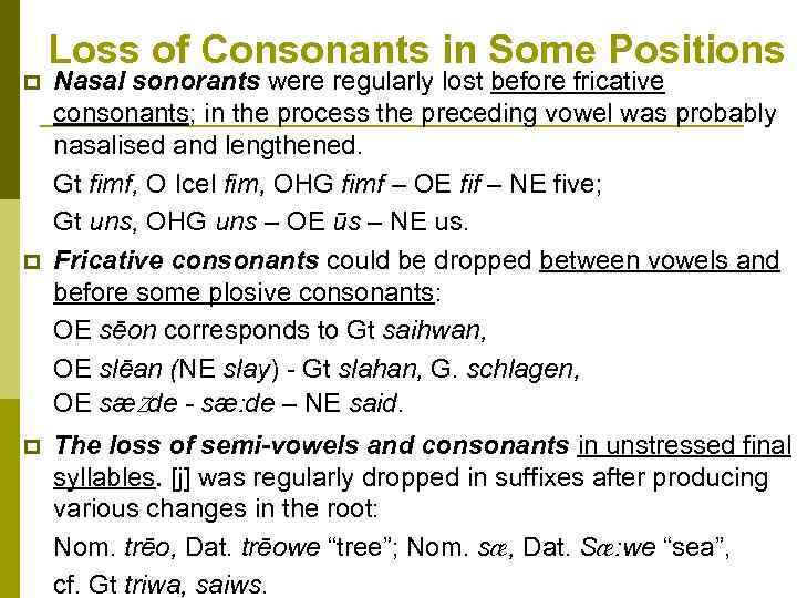 Loss of Consonants in Some Positions p p p Nasal sonorants were regularly lost