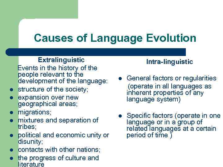 Causes of Language Evolution l l l l Extralinguistic Events in the history of