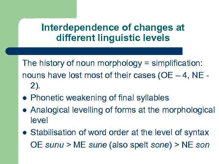 Interdependence of changes at different linguistic levels The history of noun morphology = simplification:
