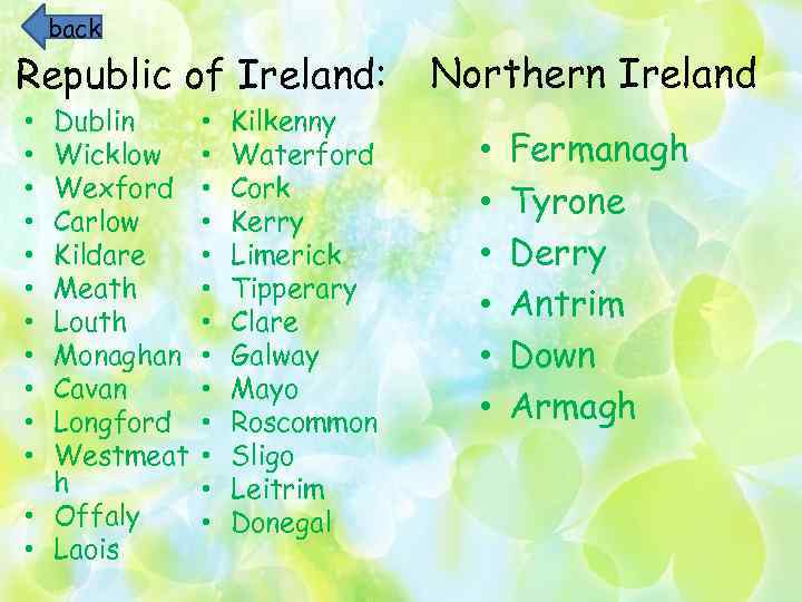 back Republic of Ireland: Dublin Wicklow Wexford Carlow Kildare Meath Louth Monaghan Cavan Longford