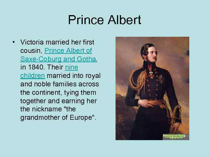 Prince Albert • Victoria married her first cousin, Prince Albert of Saxe-Coburg and Gotha,