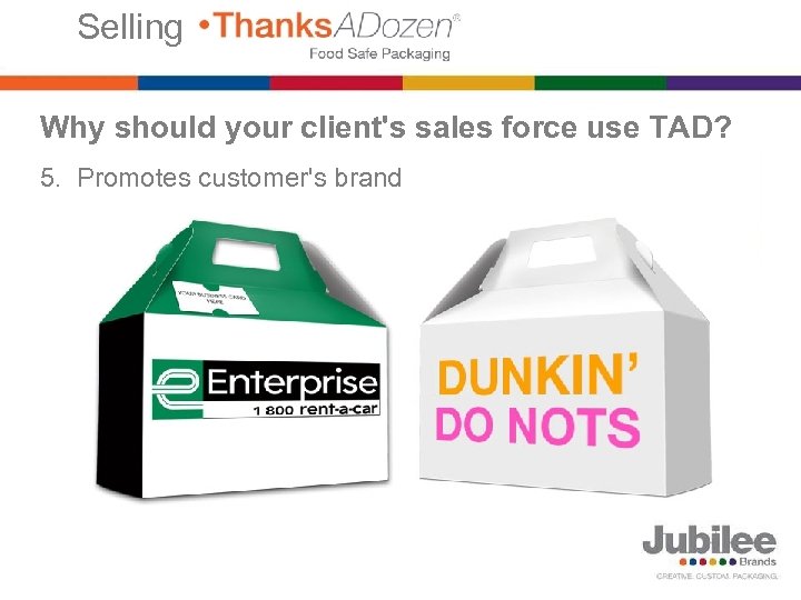 Selling Why should your client's sales force use TAD? 5. Promotes customer's brand 