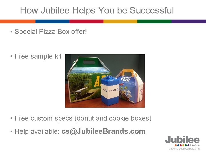 How Jubilee Helps You be Successful • Special Pizza Box offer! • Free sample