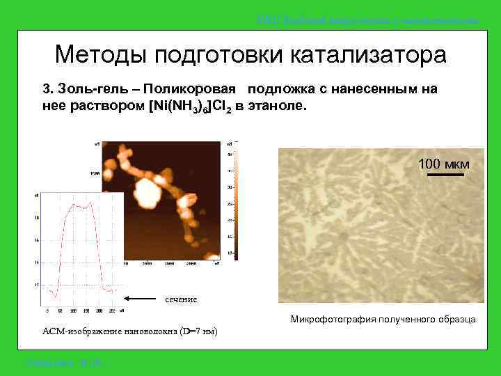 УНЦ Зондовой микроскопии и нанотехнологии Методы подготовки катализатора 3. Золь-гель – Поликоровая подложка с