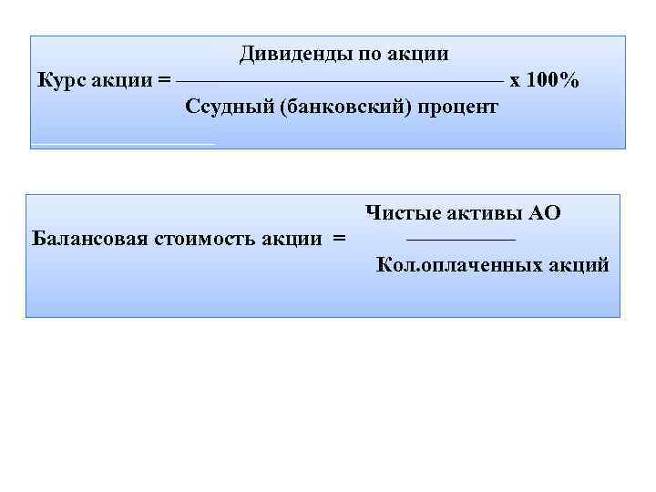  Дивиденды по акции Курс акции = ———————— х 100% Ссудный (банковский) процент Чистые