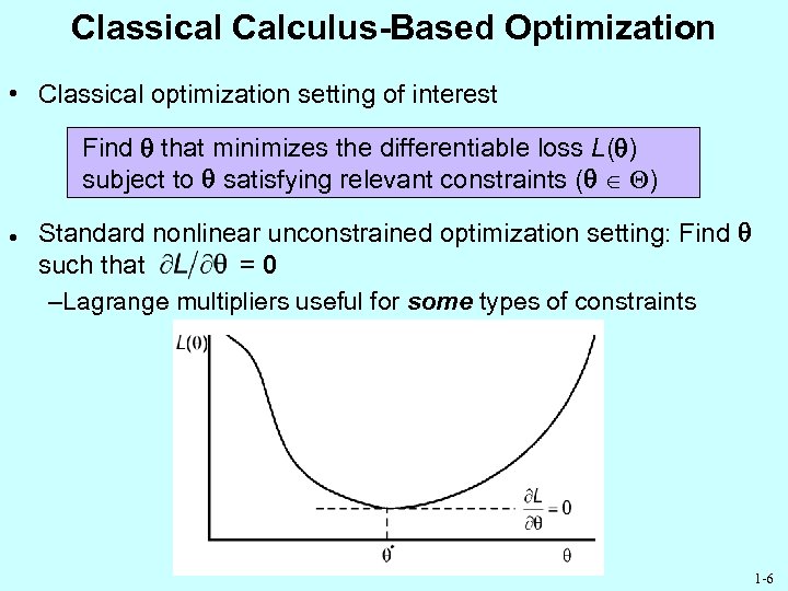 Classical Calculus-Based Optimization • Classical optimization setting of interest Find that minimizes the differentiable