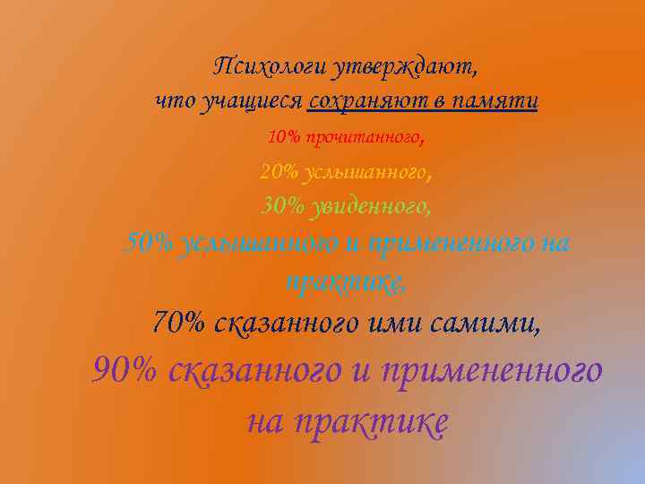 Психологи утверждают, что учащиеся сохраняют в памяти 10% прочитанного, 20% услышанного, 30% увиденного, 50%