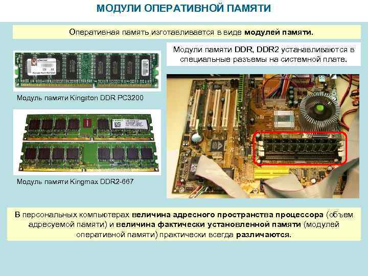 МОДУЛИ ОПЕРАТИВНОЙ ПАМЯТИ Оперативная память изготавливается в виде модулей памяти. Модули памяти DDR, DDR