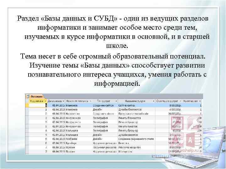 Раздел «Базы данных и СУБД» один из ведущих разделов информатики и занимает особое место