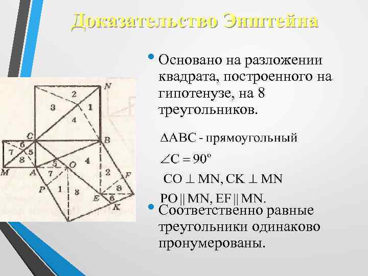 Доказательство Энштейна • Основано на разложении квадрата, построенного на гипотенузе, на 8 треугольников. •