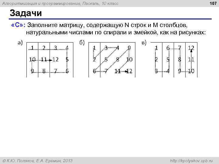 107 Алгоритмизация и программирование, Паскаль, 10 класс Задачи «С» : Заполните матрицу, содержащую N