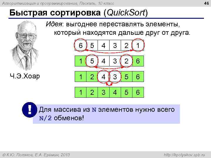 46 Алгоритмизация и программирование, Паскаль, 10 класс Быстрая сортировка (Quick. Sort) Идея: выгоднее переставлять