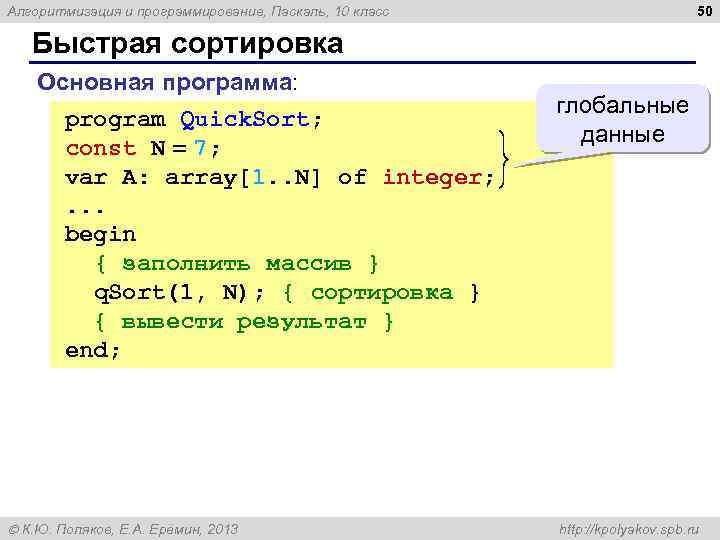 50 Алгоритмизация и программирование, Паскаль, 10 класс Быстрая сортировка Основная программа: program Quick. Sort;