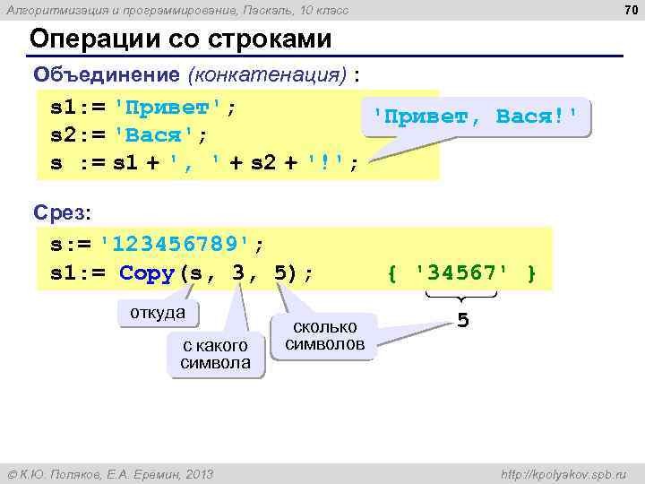 70 Алгоритмизация и программирование, Паскаль, 10 класс Операции со строками Объединение (конкатенация) : s