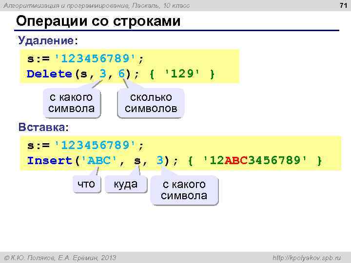71 Алгоритмизация и программирование, Паскаль, 10 класс Операции со строками Удаление: s: = '123456789';