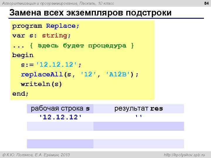 84 Алгоритмизация и программирование, Паскаль, 10 класс Замена всех экземпляров подстроки program Replace; var
