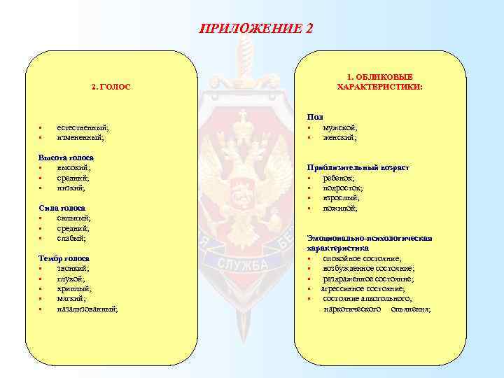 ПРИЛОЖЕНИЕ 2 2. ГОЛОС § § естественный; измененный; Высота голоса § высокий; § средний;