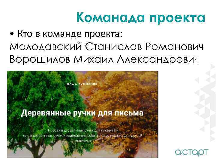 Команада проекта • Кто в команде проекта: Молодавский Станислав Романович Ворошилов Михаил Александрович 