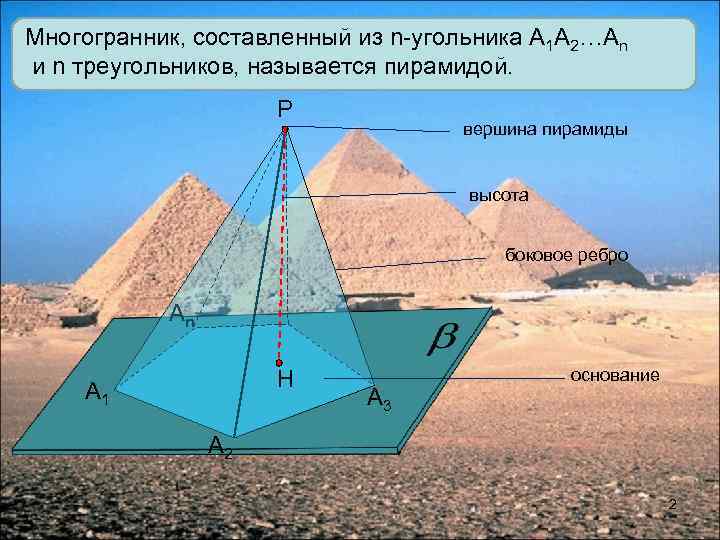 Многогранник, составленный из n-угольника А 1 А 2…Аn и n треугольников, называется пирамидой. Р