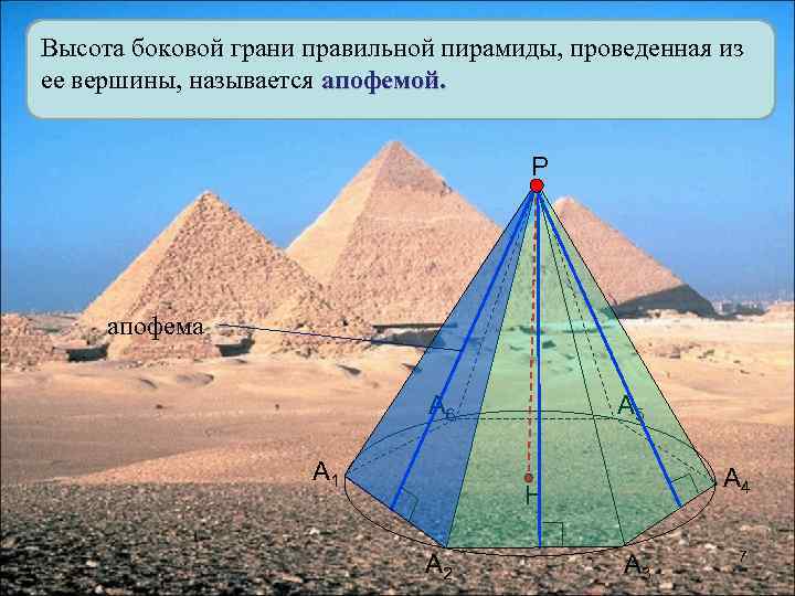 Высота боковой грани правильной пирамиды, проведенная из ее вершины, называется апофемой. Р апофема А