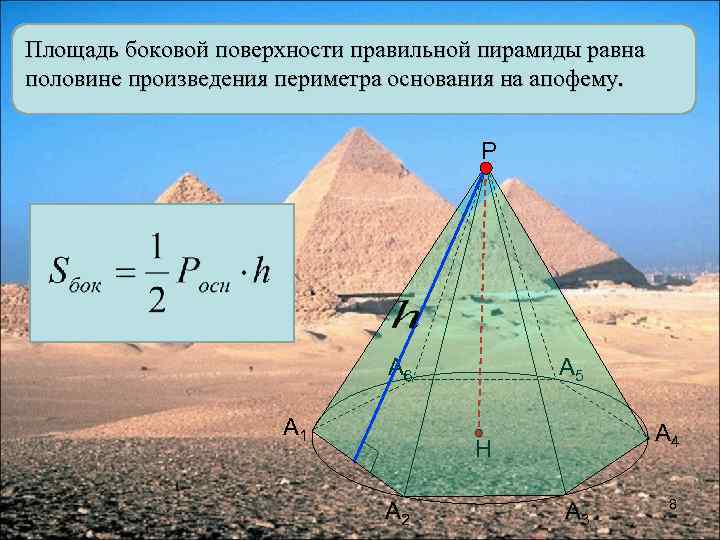 Площадь боковой поверхности правильной пирамиды равна половине произведения периметра основания на апофему. Р А