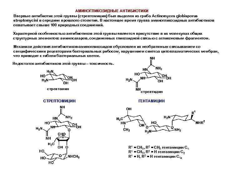 АМИНОГЛИКОЗИДНЫЕ АНТИБИОТИКИ Впервые антибиотик этой группы (стрептомицин) был выделен из гриба Actinomyces globisporus streptomycini