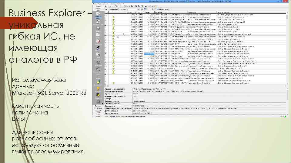 Business Explorer – уникальная гибкая ИС, не имеющая аналогов в РФ Используемая База Данных: