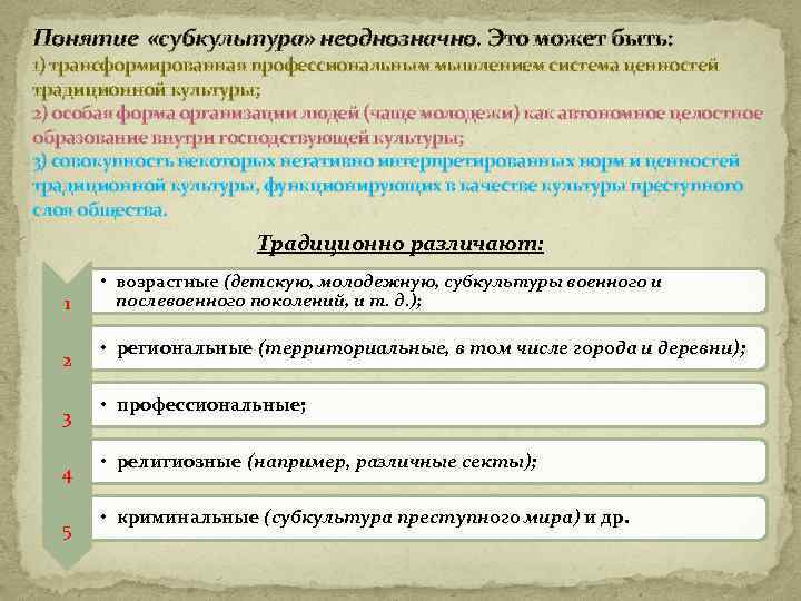 Понятие «субкультура» неоднозначно. Это может быть: 1) трансформированная профессиональным мышлением система ценностей традиционной культуры;