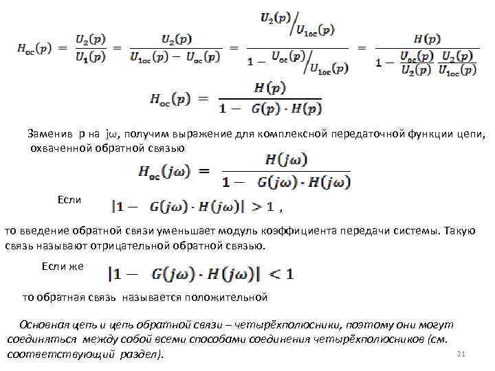 Заменив р на jω, получим выражение для комплексной передаточной функции цепи, охваченной обратной связью