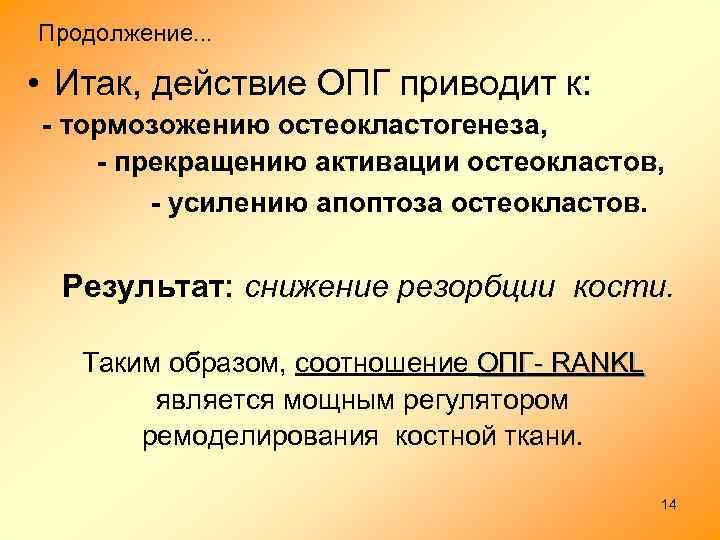Продолжение. . . • Итак, действие ОПГ приводит к: - тормозожению остеокластогенеза, - прекращению