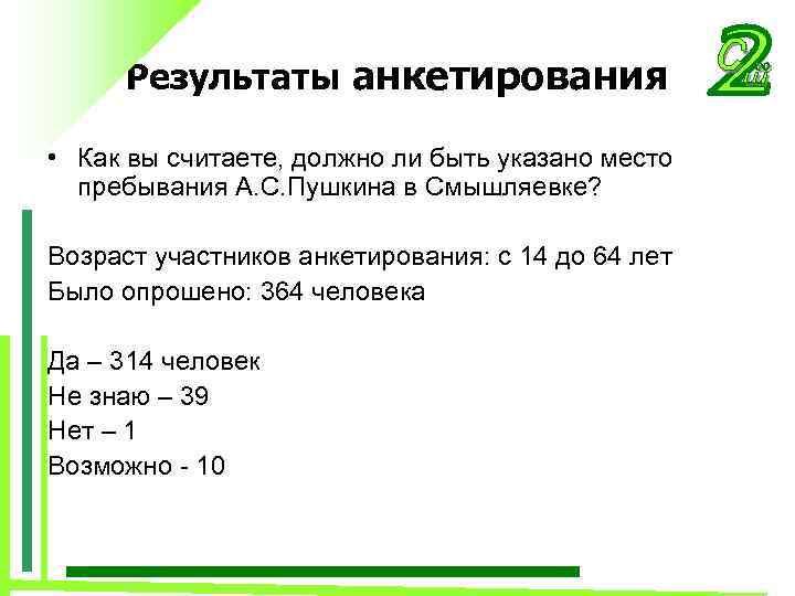 Результаты анкетирования • Как вы считаете, должно ли быть указано место пребывания А. С.