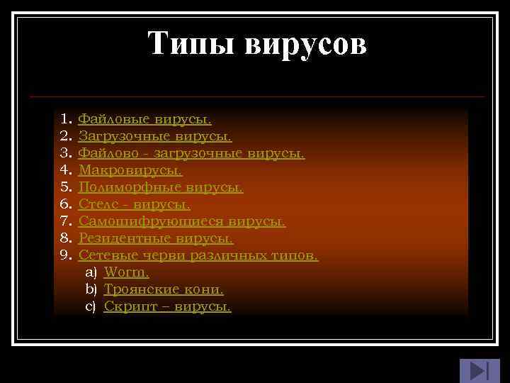 Типы вирусов 1. 2. 3. 4. 5. 6. 7. 8. 9. Файловые вирусы. Загрузочные