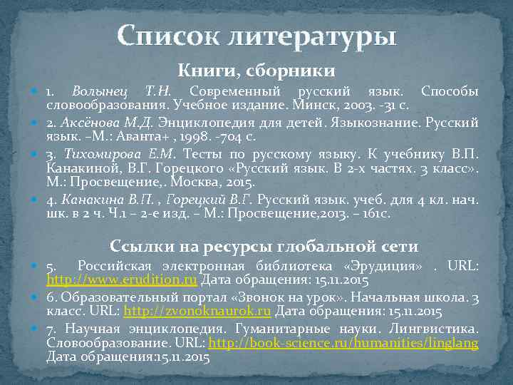 Список литературы Книги, сборники 1. Волынец Т. Н. Современный русский язык. Способы словообразования. Учебное