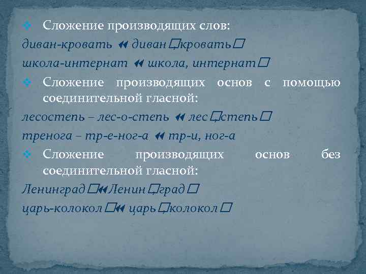 v Сложение производящих слов: диван-кровать диван кровать , школа-интернат школа, интернат v Сложение производящих