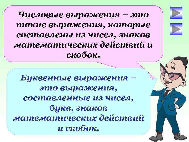Числовые выражения – это такие выражения, которые составлены из чисел, знаков математических действий и