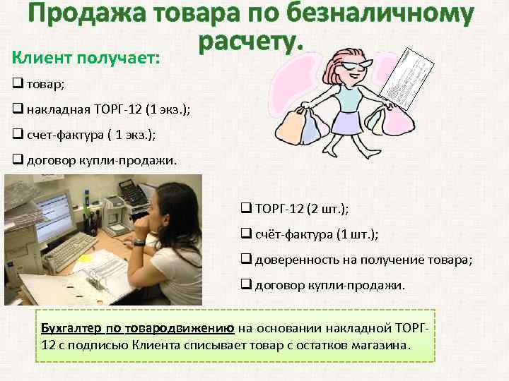 Продажа товара по безналичному расчету. Клиент получает: q товар; q накладная ТОРГ-12 (1 экз.