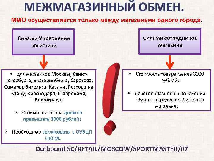 МЕЖМАГАЗИННЫЙ ОБМЕН. ММО осуществляется только между магазинами одного города. Силами Управления логистики • для