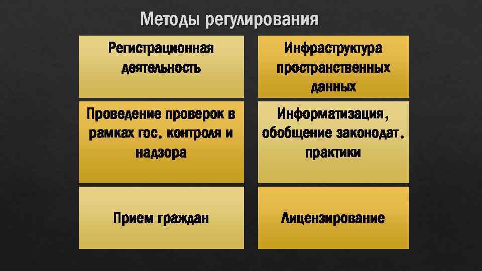 Методы регулирования Регистрационная деятельность Инфраструктура пространственных данных Проведение проверок в рамках гос. контроля и